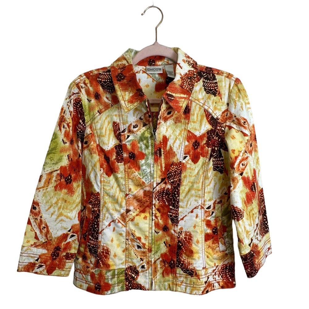 Chico’s Jacket Women’s sz. 0(SMALL), Orange Yellow Floral Blazer‎ Zipper Closure